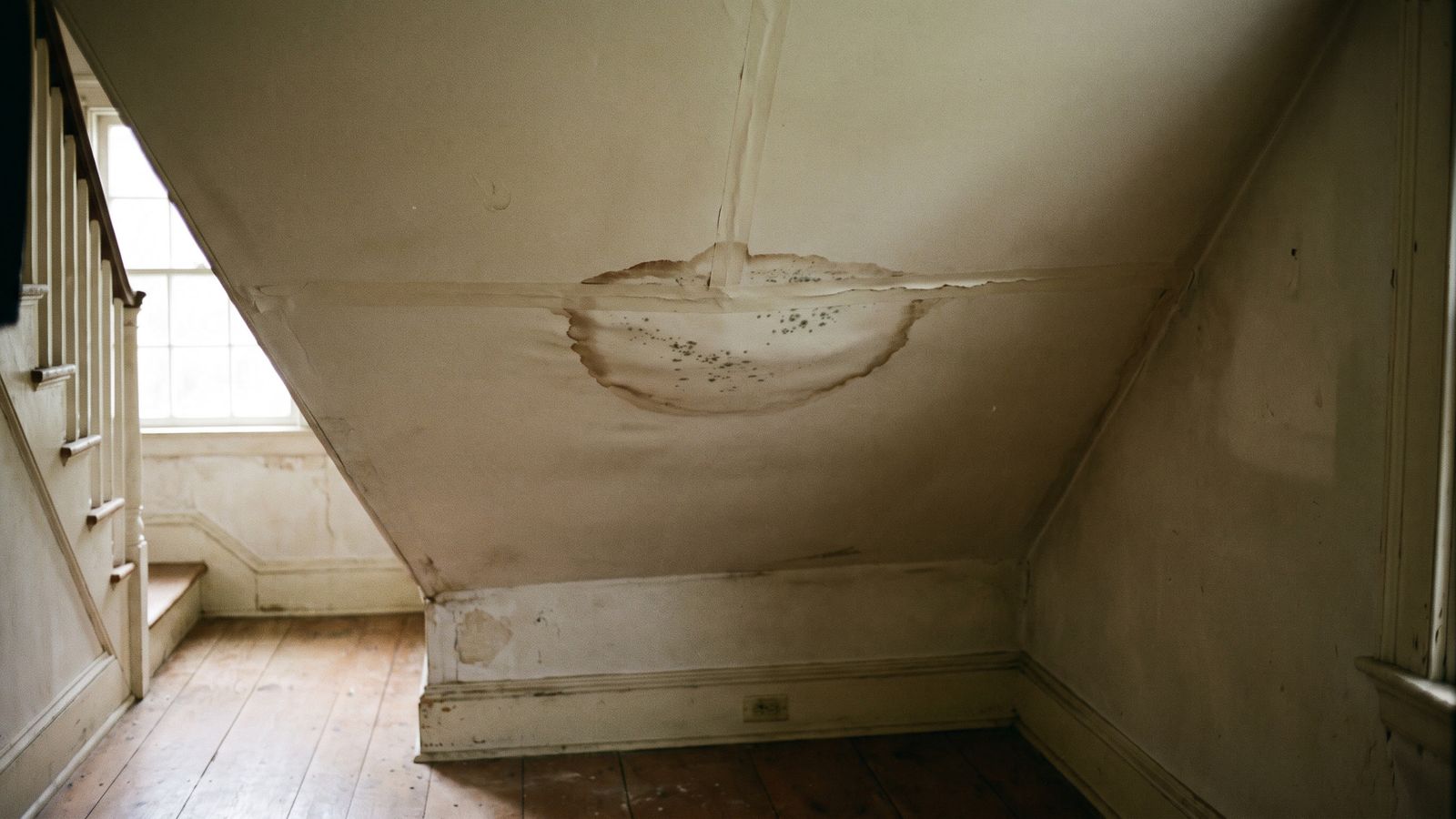 Damp ceiling ring with the first dark speckling inside it, the early sign of when to call a mold professional.