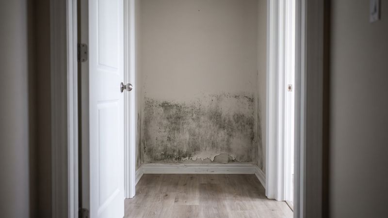 Gray-green mold bloom on an empty closet wall, the spread that settles when to call a mold professional.