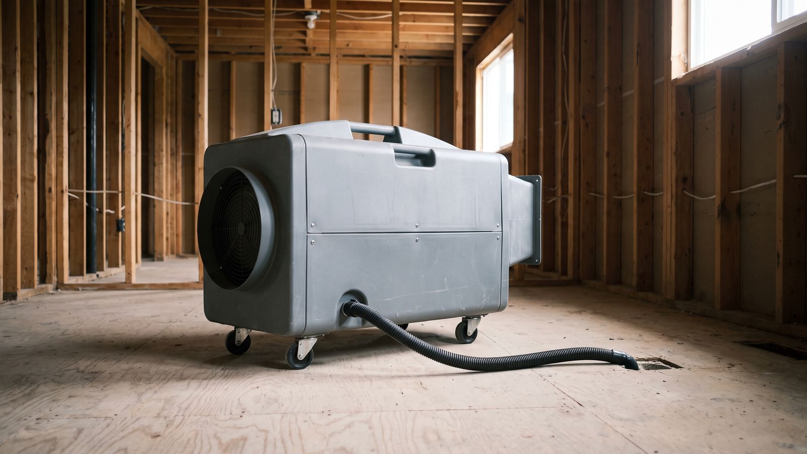 A dehumidifier draining to a floor opening A gray dehumidifier on casters with a corrugated drain hose run into a floor opening in a stud-framed room.