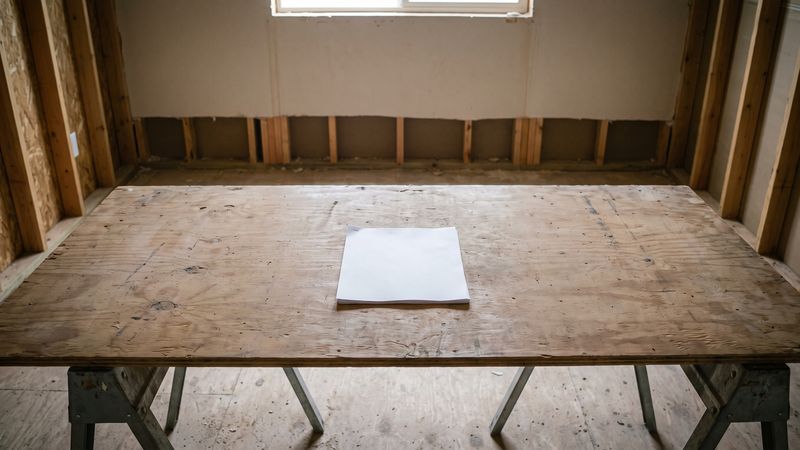 A single loose estimate printout squared on a bare plywood table in an empty, stripped wood-framed room.