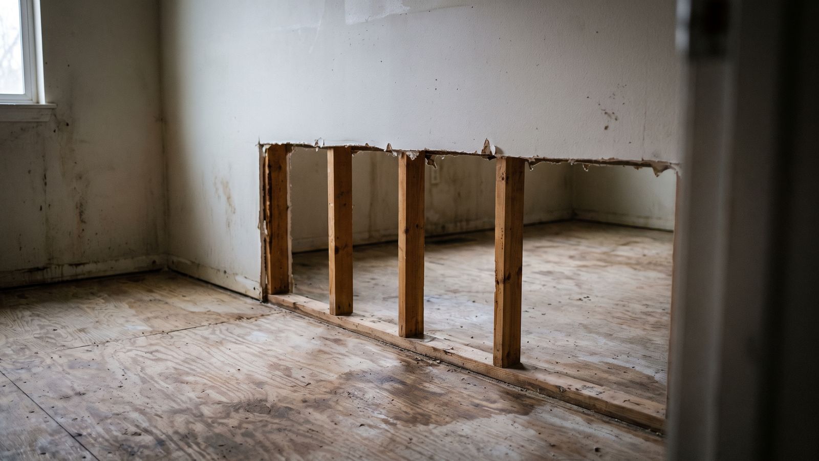 A flood-cut drywall line above a plywood subfloor A flood-cut drywall line along a stripped wall, with exposed studs and a bottom plate over a plywood subfloor.