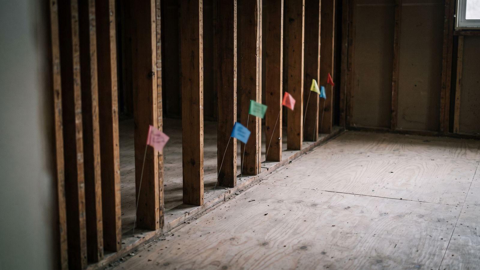 Marker flags along exposed studs Small colored marker flags on wire stems set along the base of exposed studs in a stripped wall cavity.