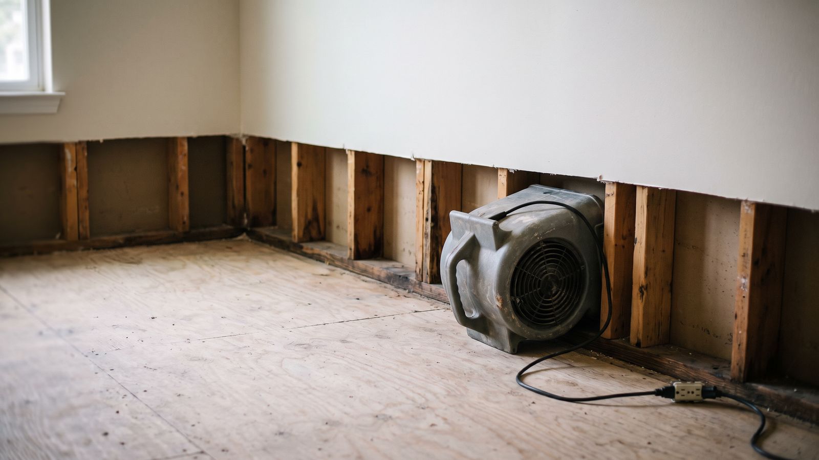 One air mover along a flood-cut wall base An air mover angled along a flood-cut wall base with exposed wood studs and a bare plywood subfloor.
