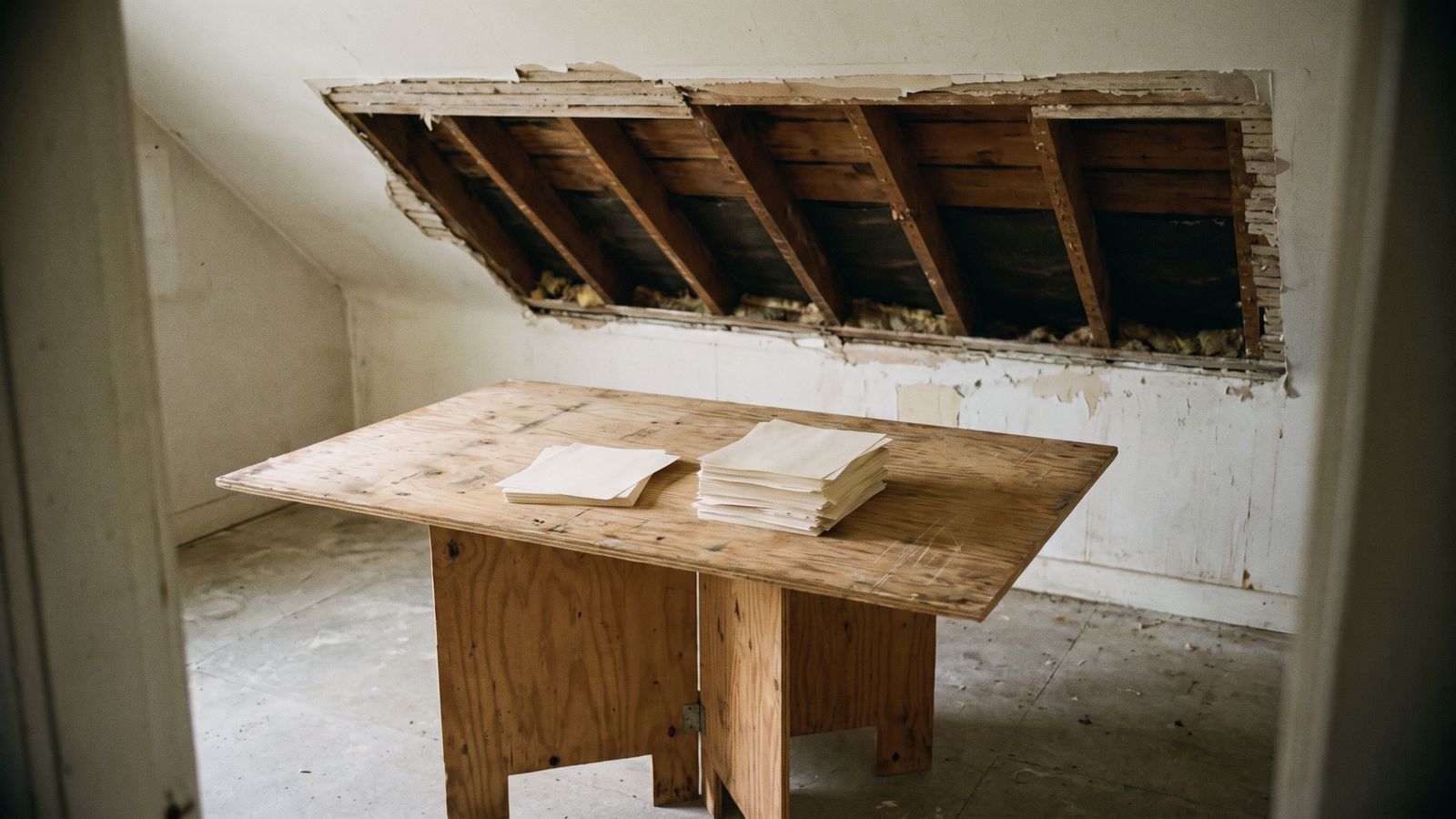 Papers on a table below a cut-out ceiling patch Two stacks of unmarked papers on a plywood table below a cut-out ceiling patch showing exposed roof framing.