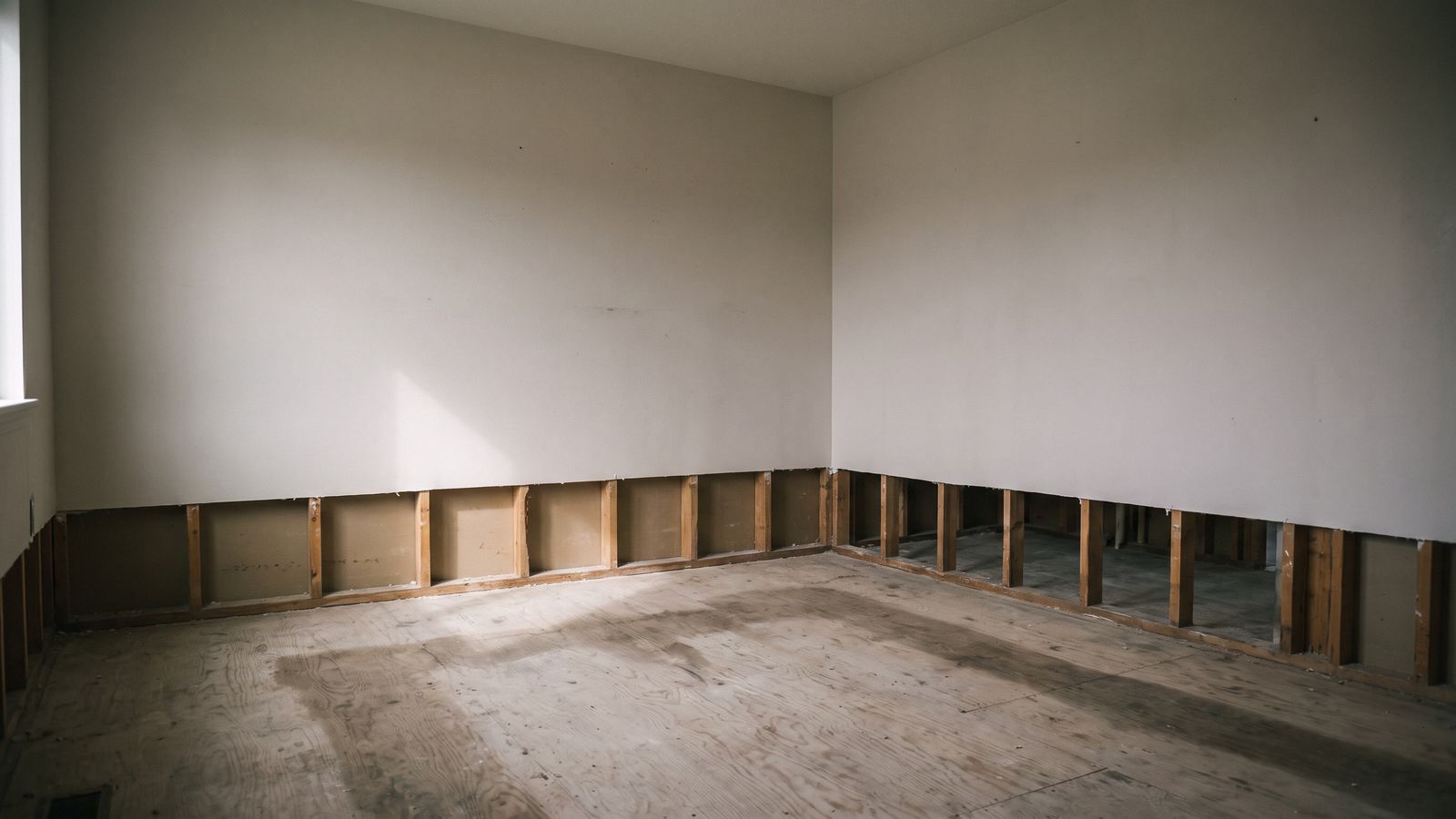 A stripped room after the drying equipment leaves An emptied wood-framed room with drywall cut above the baseboard line and a swept plywood subfloor.