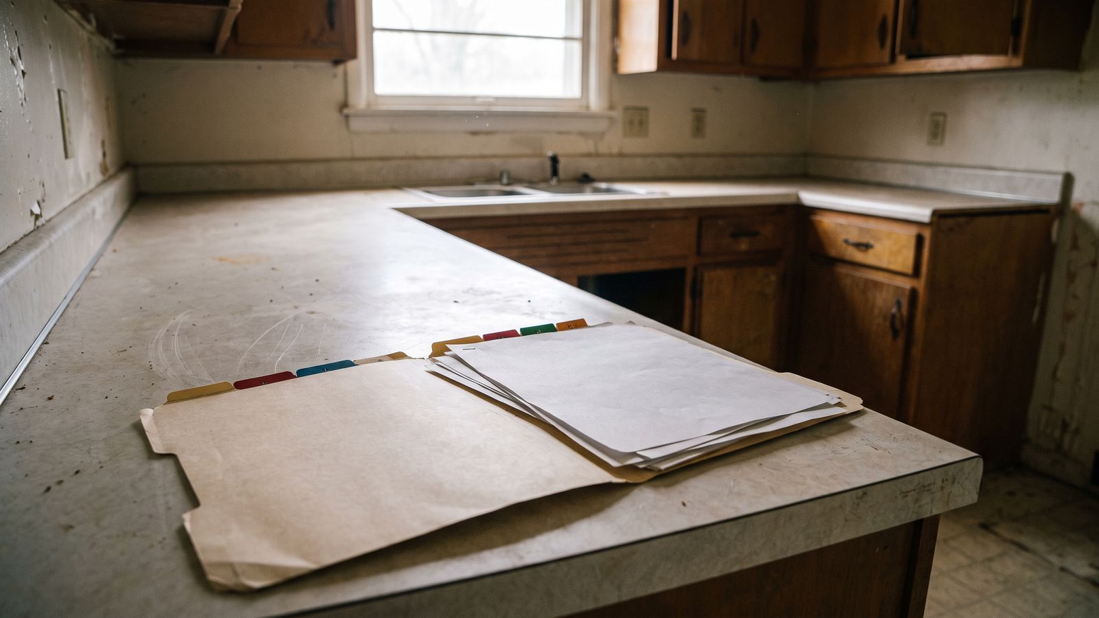 A tabbed folder open on a countertop A file folder with color-coded tabbed dividers lying open on a bare countertop with pages fanned inside.