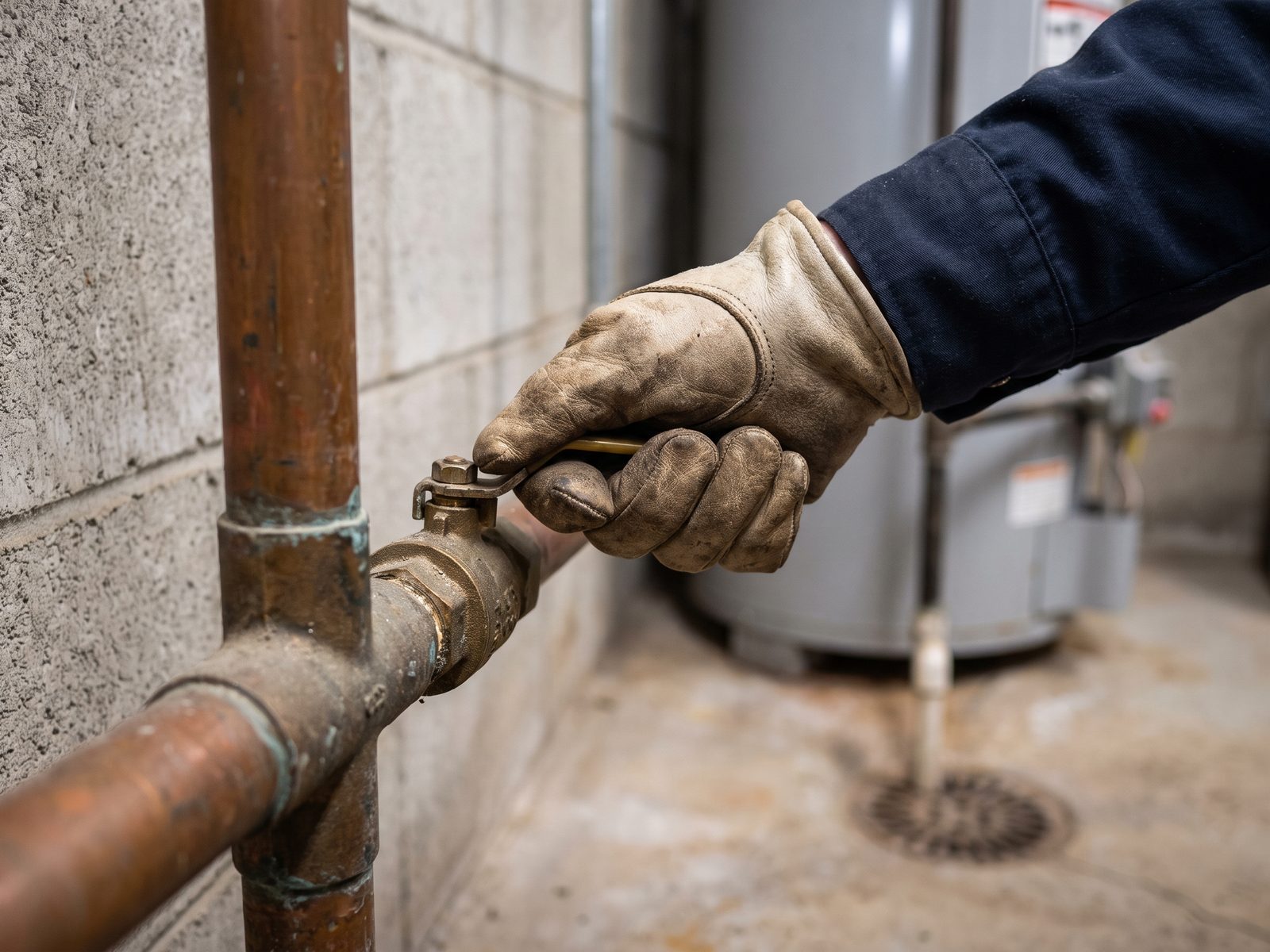 Gloved hand closing a quarter-turn main water shutoff valve on a copper line in a utility room.