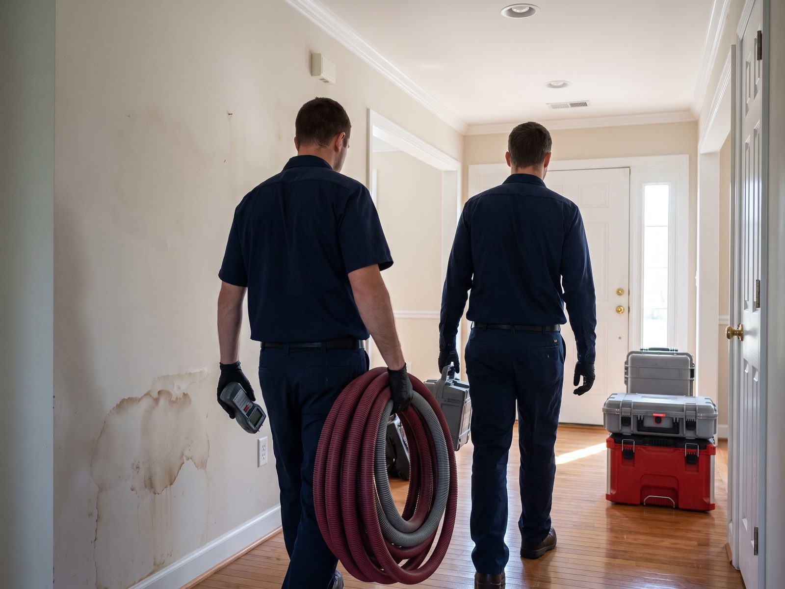 Two technicians carrying extraction hose and a moisture meter down a hallway past a water-stained wall.