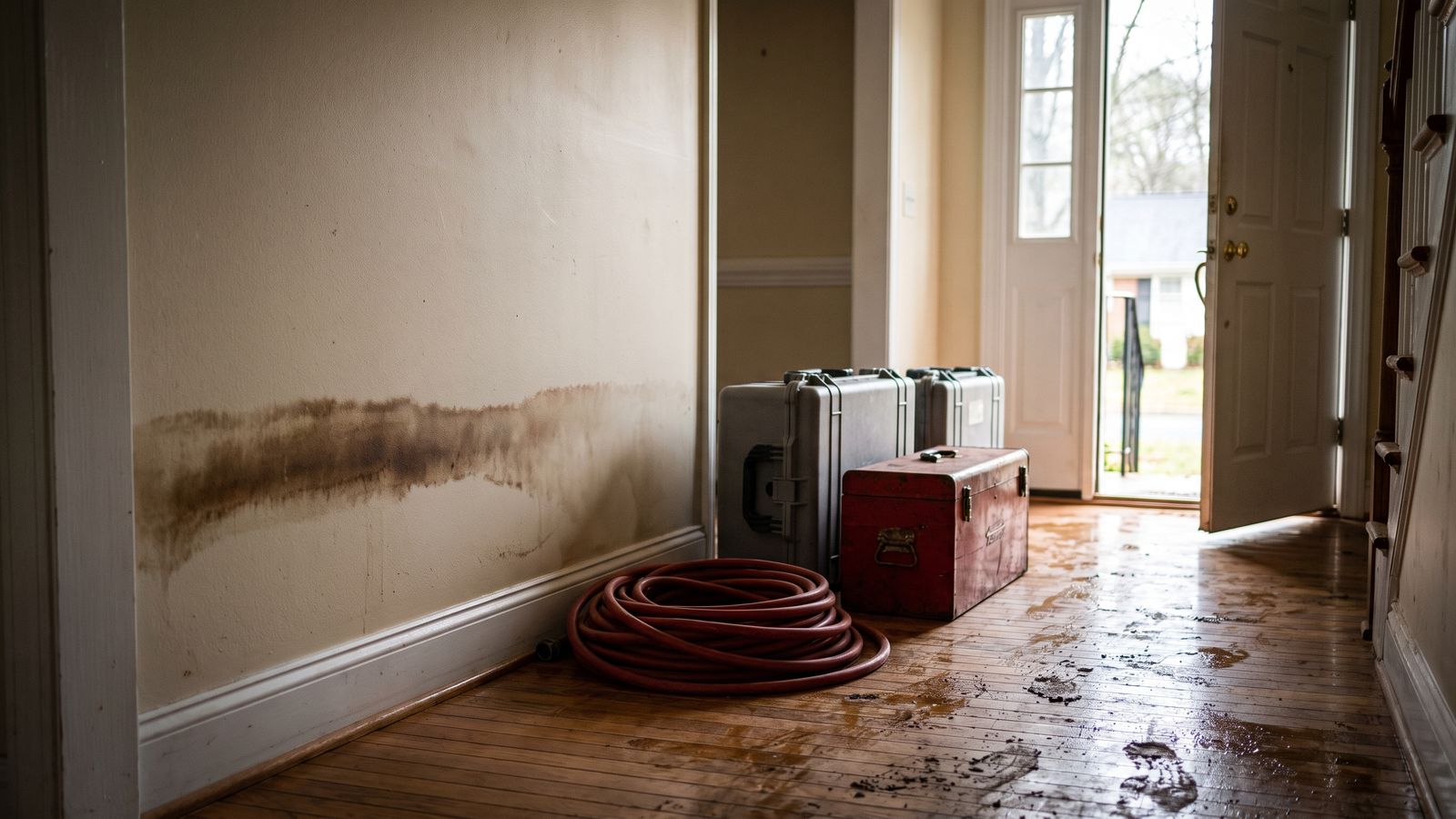 Gray equipment cases and a coiled extraction hose staged inside an open front door, a brown tide line on the hallway wall.