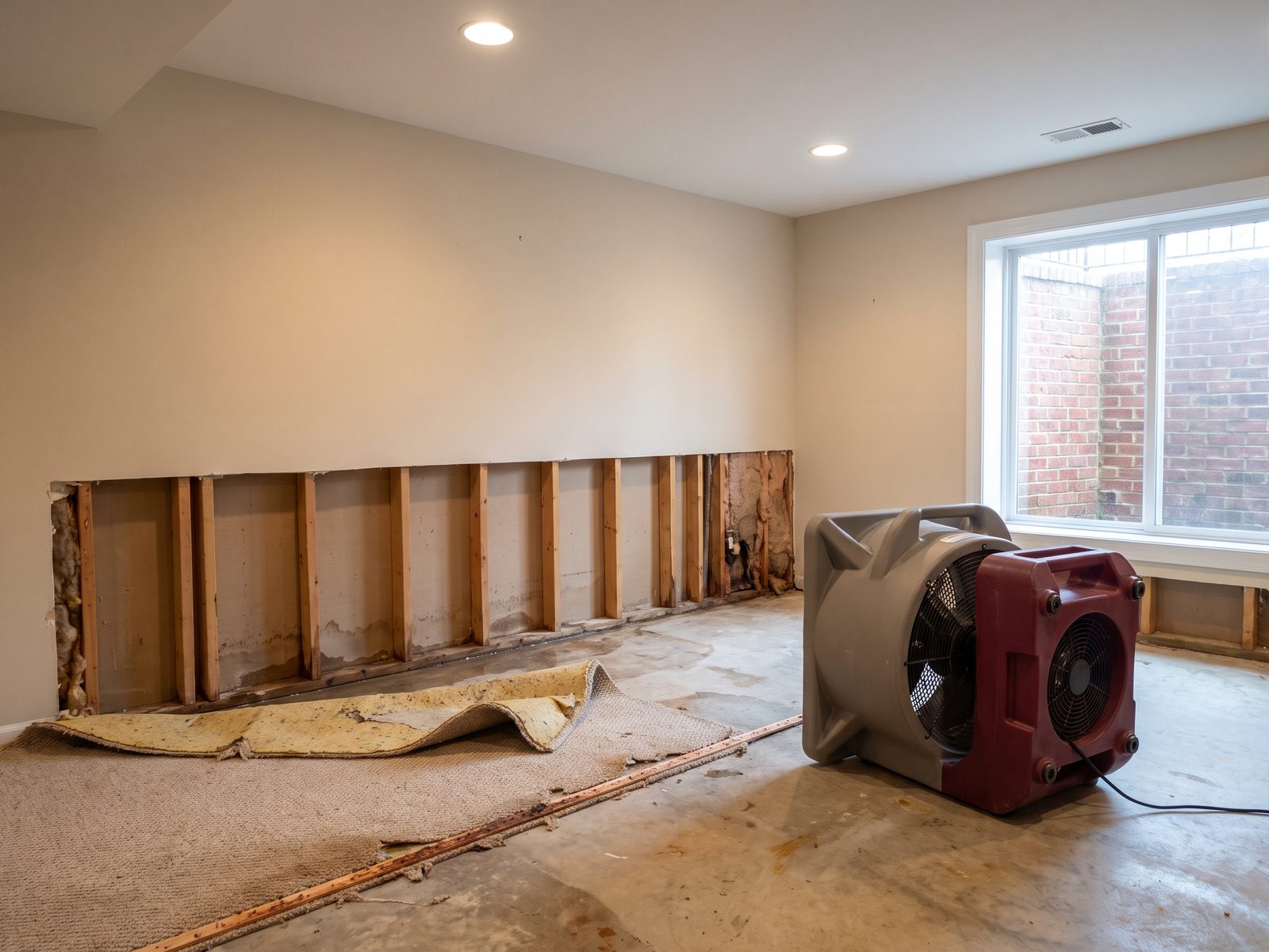 Two-foot flood cut in a basement wall with drywall and baseboard removed, exposing bare studs, with an air mover on the floor.
