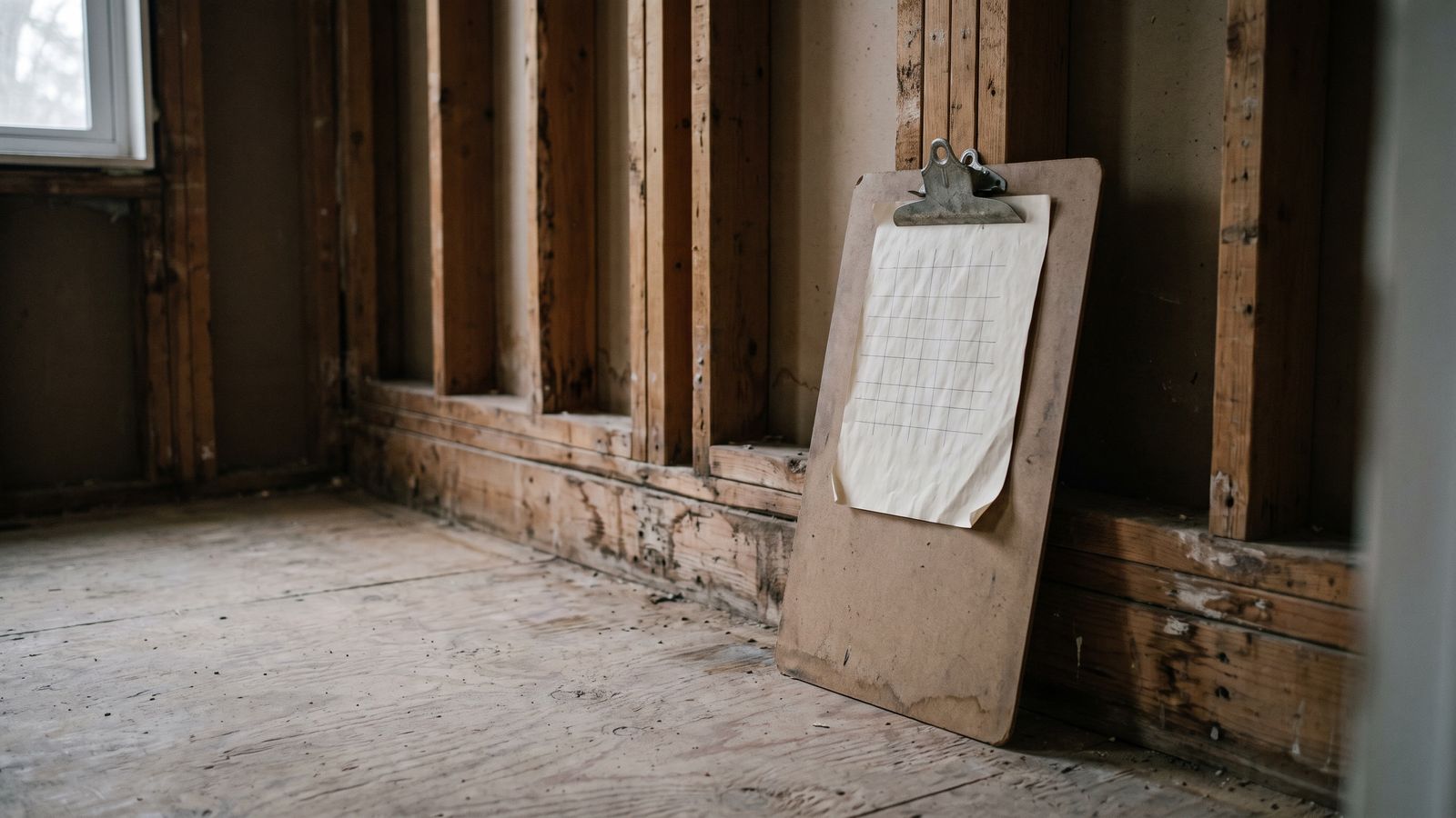 A daily log sheet clipped to a board on site A gridded log sheet clipped to a worn board, propped against a stripped wall of bare studs on a plank floor.