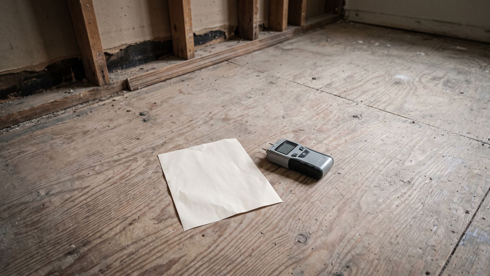 An invoice beside the meter that justifies it A single blank sheet on bare plywood subfloor beside a handheld pin-type moisture meter with a dark, unreadable display.