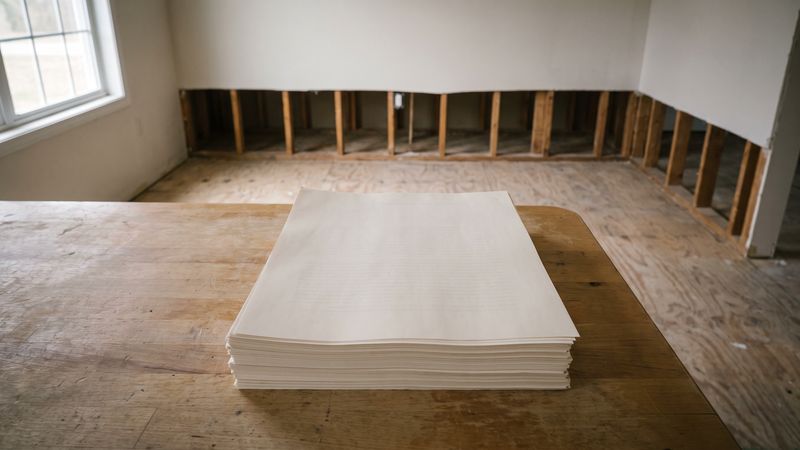 A thick stack of blank-looking printed pages squared on a wood table with a flood-cut wall and exposed studs behind it.