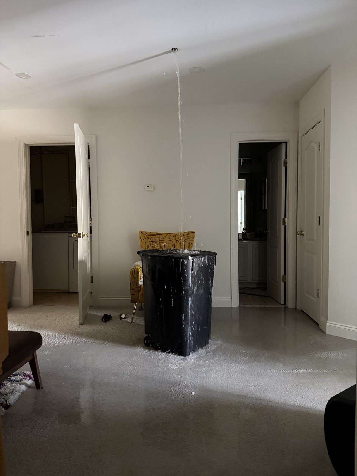 An active ceiling leak mid-emergency-response in a Gaithersburg, MD home, the moment before extraction and containment begin