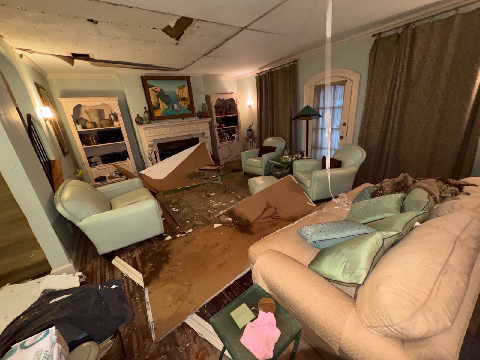 Before restoration: ceiling collapse water damage restoration on a documented Washington, DC restoration project by Restoration Doctor.