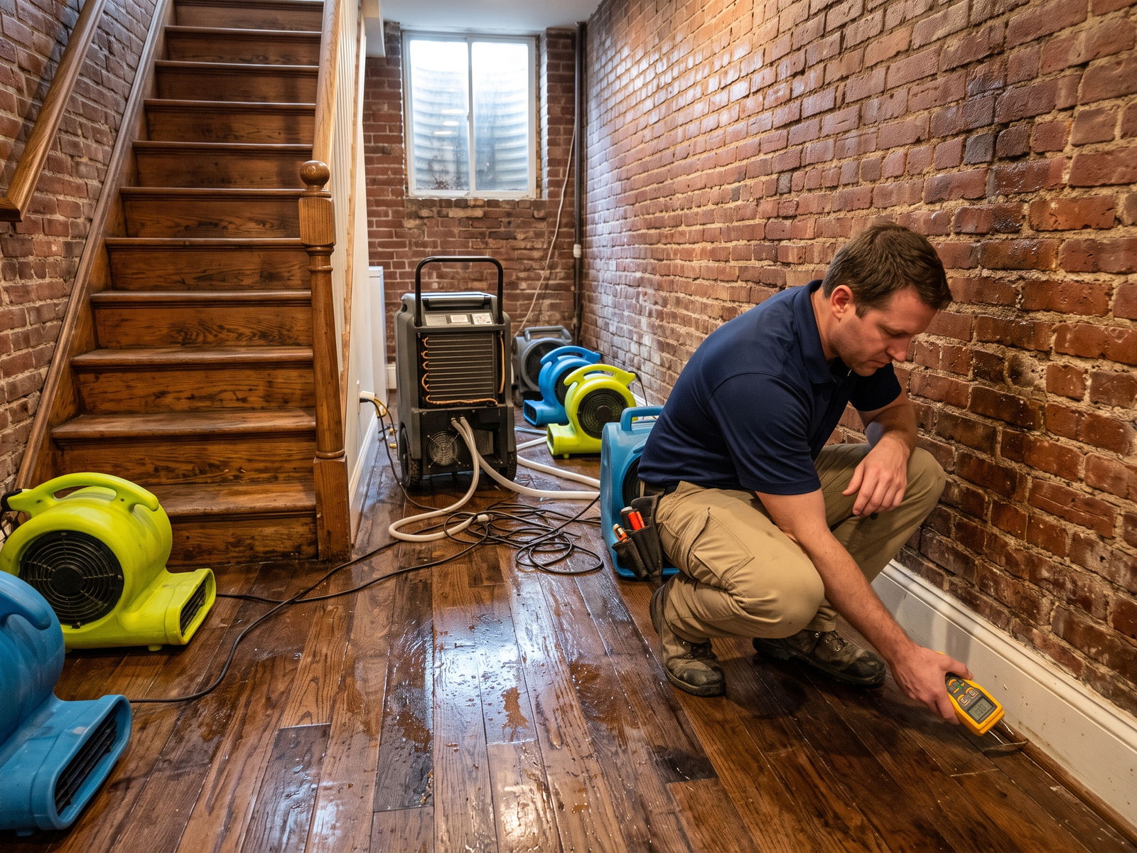 Restoration Doctor technician taking a moisture-meter reading at the base of an exposed brick wall in a Georgetown row-house basement, with air movers and a dehumidifier running on the wet hardwood