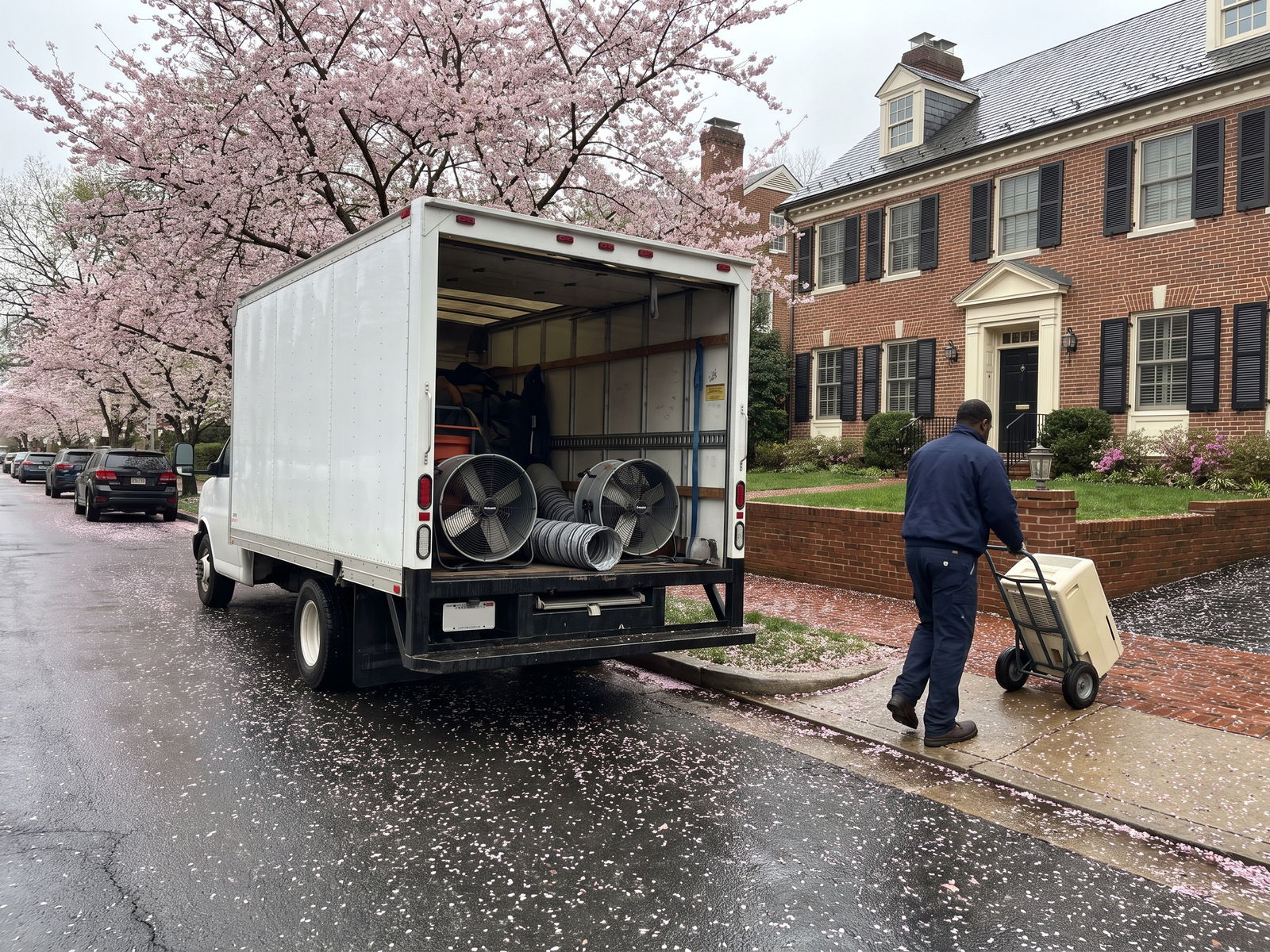 Restoration Doctor technician wheeling a dehumidifier up the walkway of a Washington D.C. home on a cherry-blossom-lined street, with air movers staged in the box truck behind him