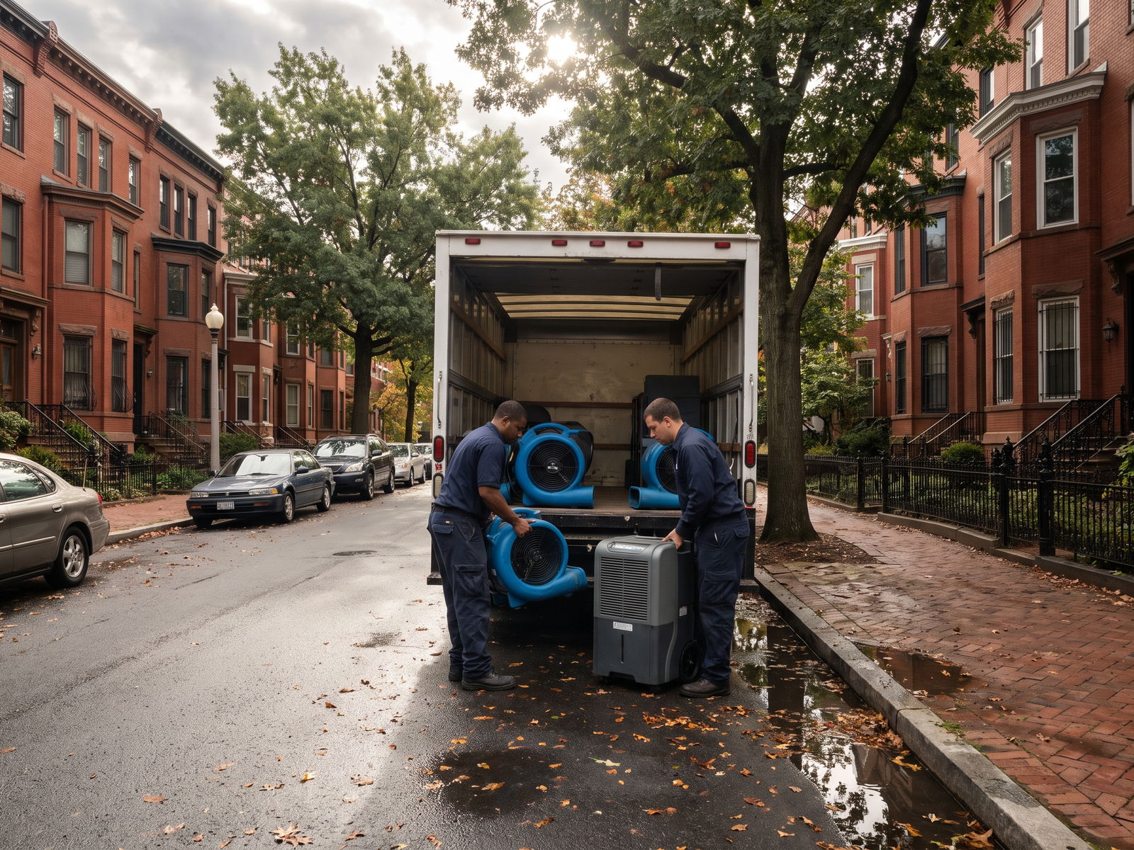 Restoration Doctor crew unloading air movers and a dehumidifier from a box truck outside a Washington D.C. Victorian row house after a water loss
