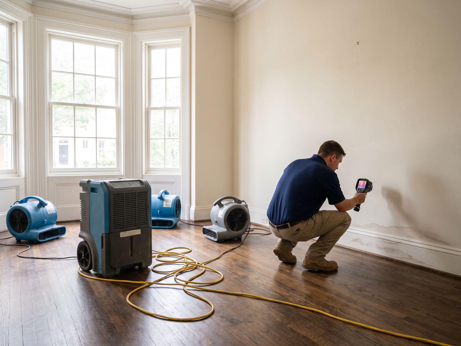 Restoration Doctor technician thermal-imaging a water-stained wall to map hidden moisture in a Washington D.C. townhouse with a bay window and crown molding, air movers and a dehumidifier drying the room