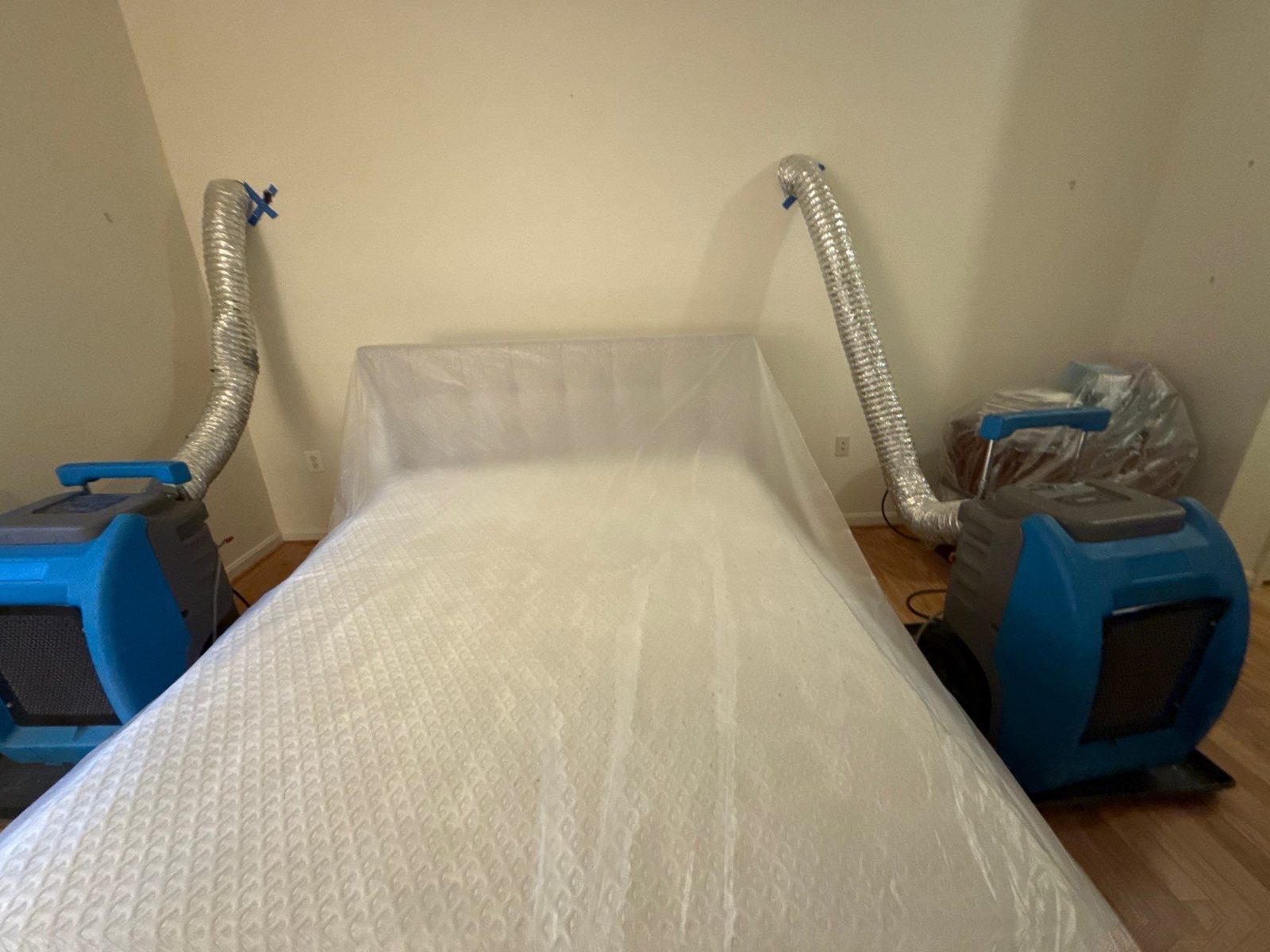 A bed wrapped in plastic between two dehumidifiers with flexible ducts taped to the wall, Alexandria, VA, November 2025