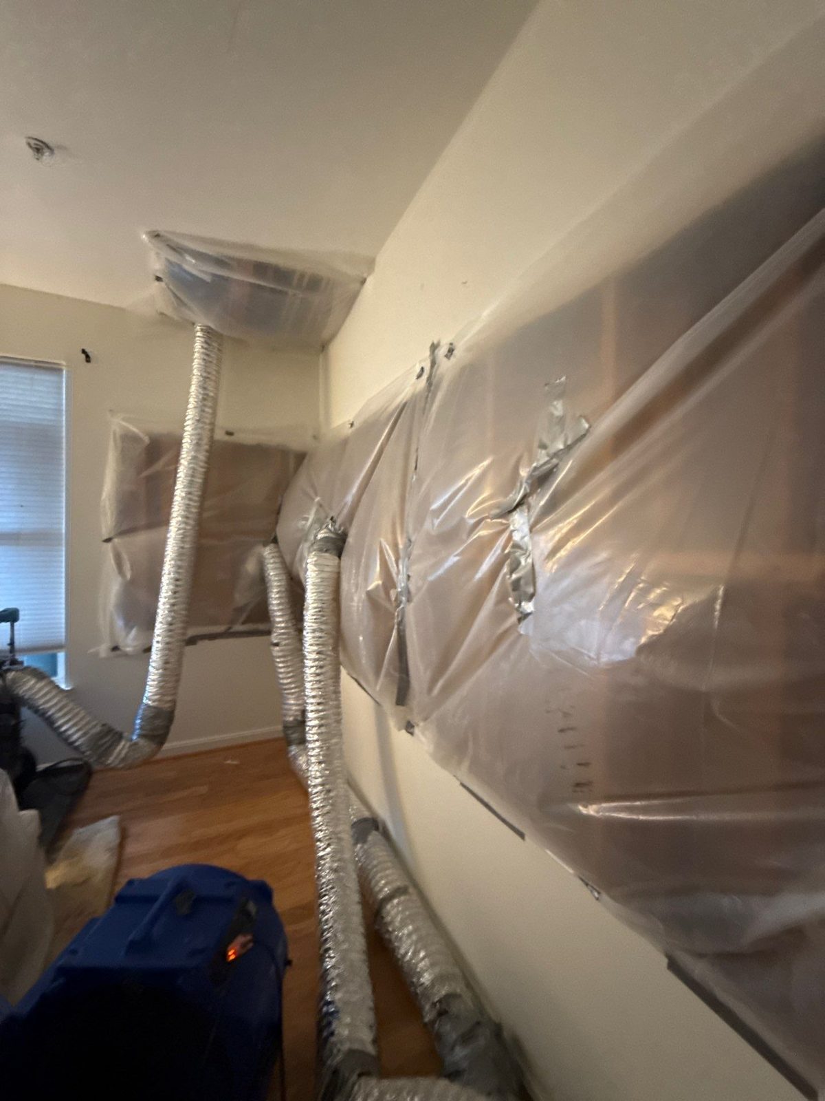 Bedroom wall opened and covered with taped plastic, with flexible ducts running from a dehumidifier, Alexandria, VA, November 2025