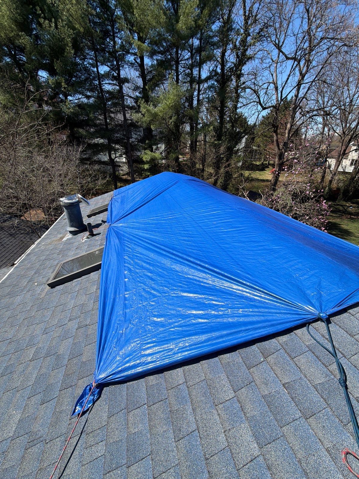 Blue roof tarp tied down with rope at its corner next to a vent pipe and skylight, Vienna, VA, March 2026