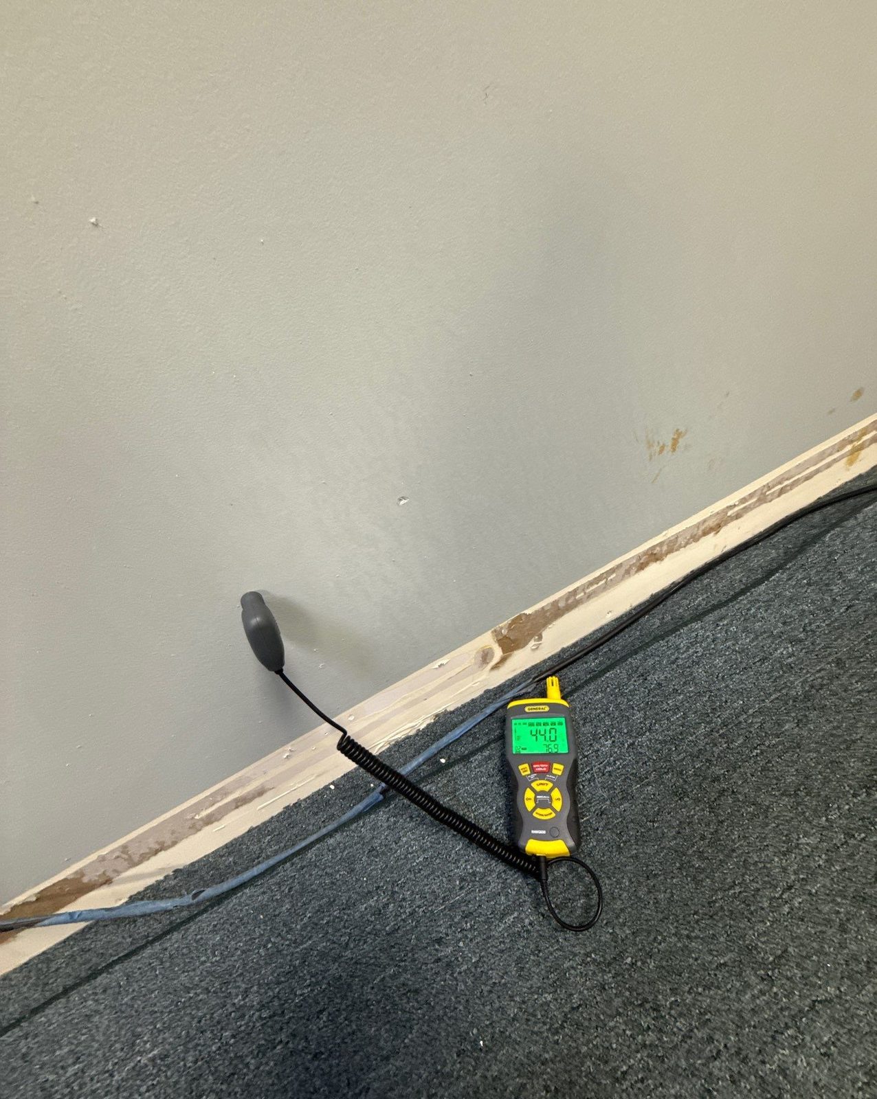 Moisture meter on carpet with its probe lead running to the base of a wall, reading 44.0, Sterling, VA, September 20, 2025