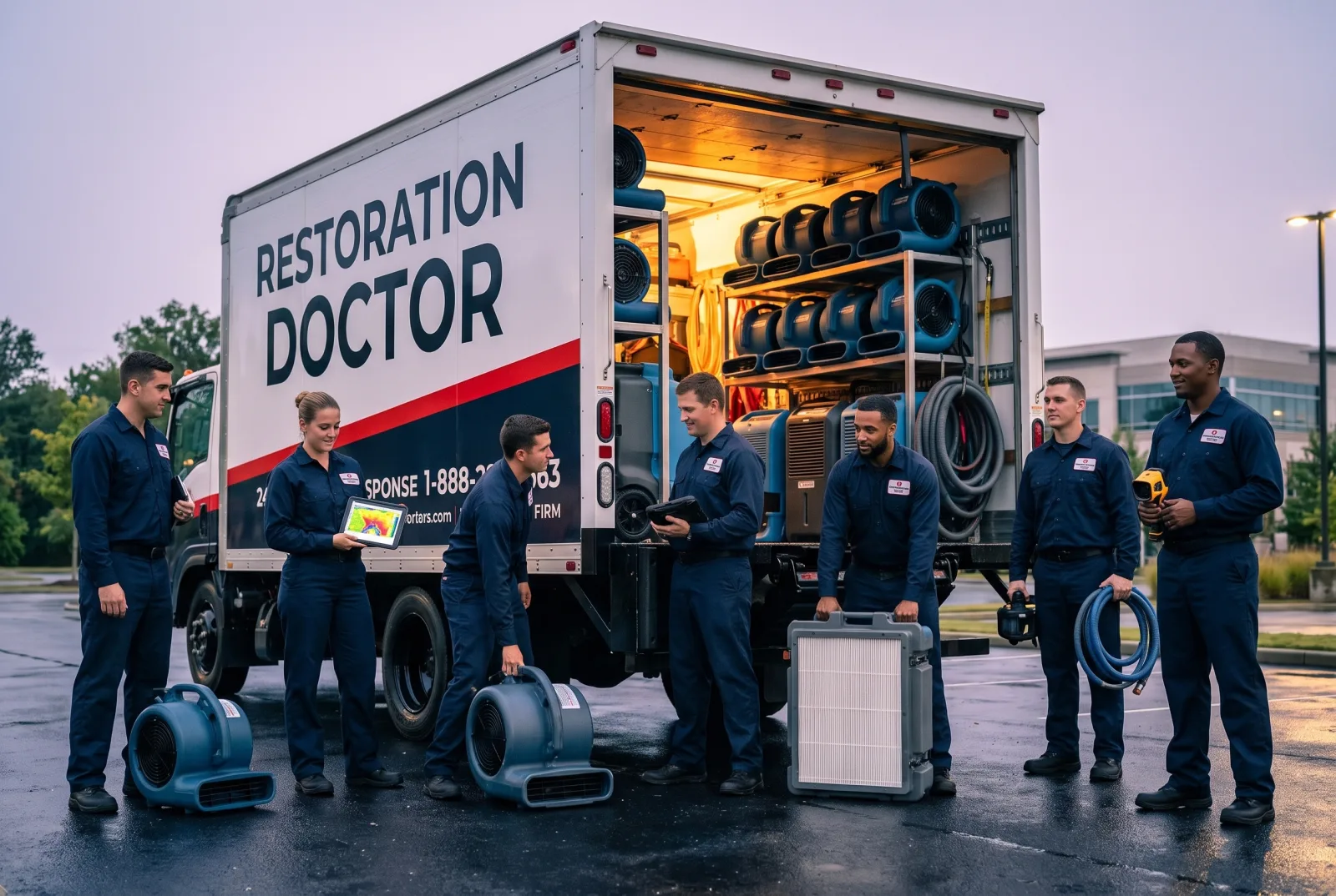 Restoration Doctor crew in branded uniforms staged with response vehicles and drying equipment