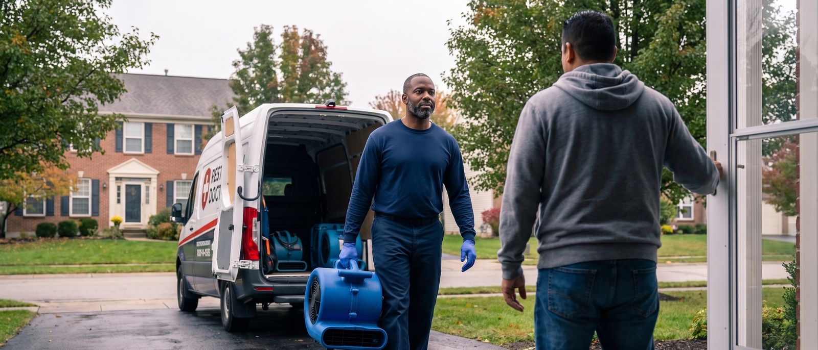 Illustrative rendering: a technician carries an air mover up a damp driveway from a Restoration Doctor van while the homeowner holds the storm door open.