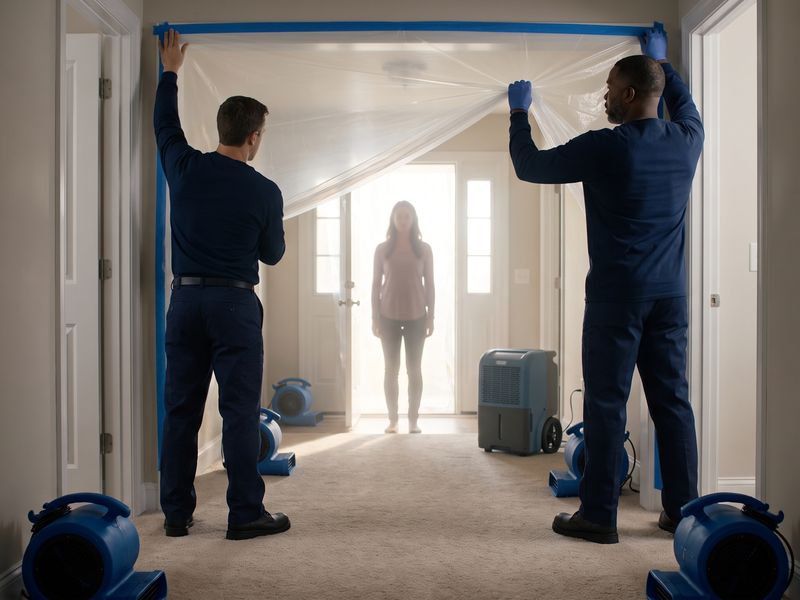 Illustrative rendering: two technicians tape a sheet of clear containment plastic across a hallway doorway, with air movers and a dehumidifier set behind them.