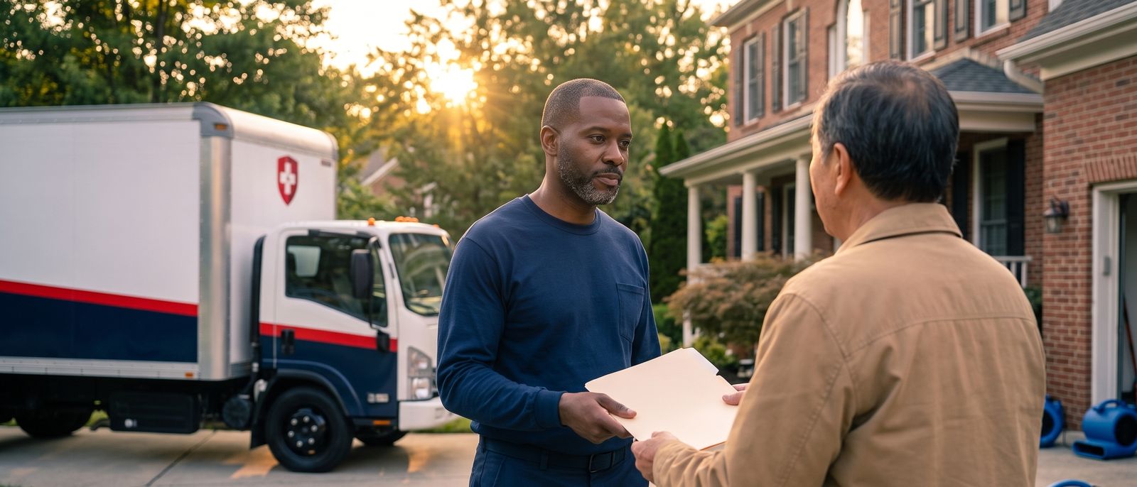 Illustrative rendering: at golden hour a technician hands a homeowner a plain documentation folder beside a Restoration Doctor box truck.